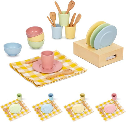 Wooden Play Dishes and Plates for Kids Kitchen Set, 25 PCS Wooden Play Kitchen Accessories, Pretend Montessori Kids Pots and Pans Playset for 3+ Toddlers
