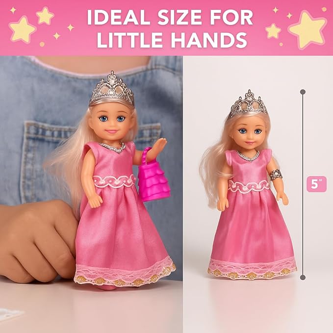 TOMLEON Princess Dolls Playset – 6 Mini Princess Dolls with Colorful Gowns, Crowns & Jewelry – Fantasy Role Play Set for Kids with Elegant Dresses, Accessories & Royal-Themed Box – Gift for Ages 3+