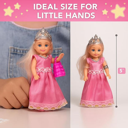 TOMLEON Princess Dolls Playset – 6 Mini Princess Dolls with Colorful Gowns, Crowns & Jewelry – Fantasy Role Play Set for Kids with Elegant Dresses, Accessories & Royal-Themed Box – Gift for Ages 3+