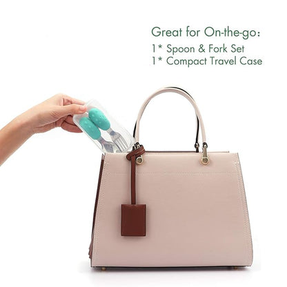 Baby Fork and Spoon Set with Carry Case Baby Training Utensils Self Feeding Toddler Silverware Silicone and Stainless Steel Kids and Toddler Utensil Set-Dinosaur