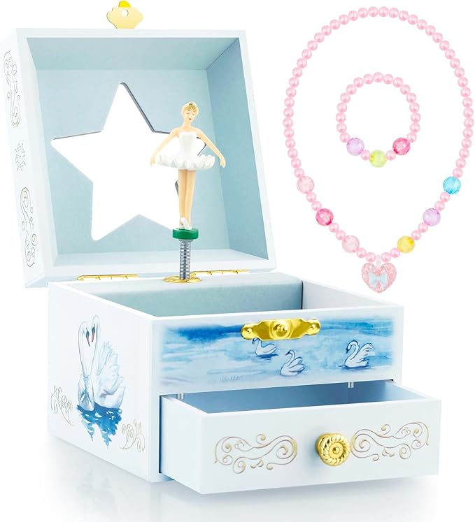 RR ROUND RICH DESIGN Kids Musical Jewelry Box with Drawer and Pretty Jewelry Set with Elegant Ballet Girl Theme - Swan Lake Tune White
