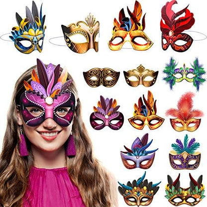 Blulu Mardi Gras Masks Paper Carnival Parade Faux Feather Face Masks Masquerade Party New Orleans Novelty Decorations Fantasy for Women Man Costume Party Favors