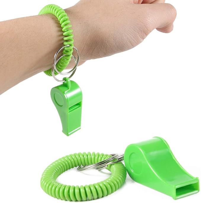 PRLOSO 24 Pieces Whistle Bracelets with Keychain for Kids Party Favors Noisemaker Plastic Sports Party Whistle Toys Bulk