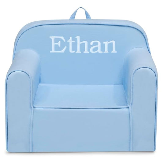 Delta Children Personalized Cozee Chair - Customize with Name – Foam Kids Chair for Ages 18 Months and Up, Powder Blue