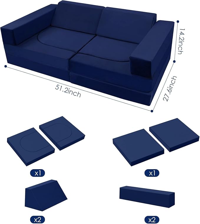 MeMoreCool Modular Kids Play Couch, 10 Piece Foam Lounge Sofa for Playroom, Large Toddler Bed and Block Couch for Boys, Navy