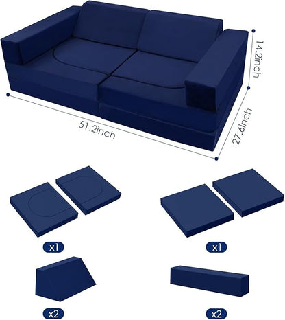 MeMoreCool Modular Kids Play Couch, 10 Piece Foam Lounge Sofa for Playroom, Large Toddler Bed and Block Couch for Boys, Navy