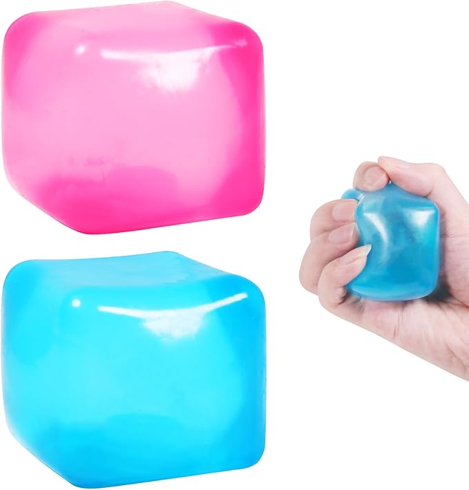 2pack Stress Cube Squishy Stress Balls for Adults Kids Fidget Toy for Your Best Mellow and Chill -Ice Cubes-Square Shape with Filling in Pink Purple Blue (2pcs Cube )