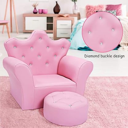 Costzon Kids Sofa, Children Upholstered Sofa with Ottoman, Princess Sofa with Diamond Decoration, Smooth PVC Leather Toddler Chair, Kids Couch for Boys and Girls, Gift for Toddlers (Pink)