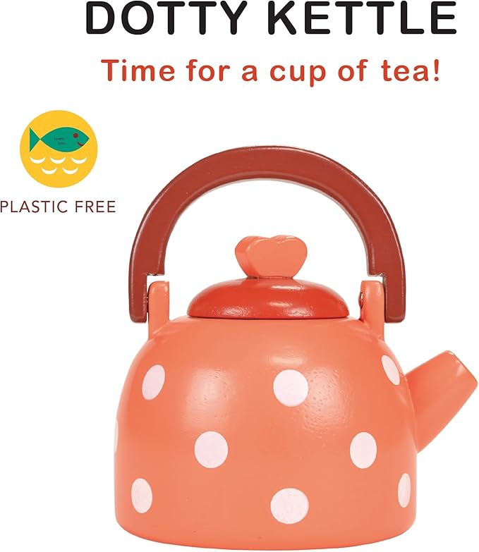 Mentari Toys - Dotty Kettle - Polka Dot Wooden Pretend Play Kitchen Accessory with Removeable Lid - Imaginative Teatime Fun for Toddlers - Encourage Role Play and Develop Social Skills - Age 3+