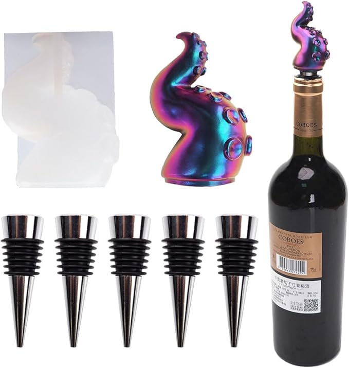BIGEBO Bottle Stopper Resin Mold, Octopus Tentacle Shaped Wine Bottle Stopper Silicone Molds Set Kits Contain 5 Stopper for Gift Party Bar