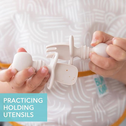 Bumkins Baby Utensils Set, Chewtensils Silicone Spoons for Dipping, Self-Feeding, Baby Led Weaning, Trainer Learning, First Stage Eating, Soft Practice Fork and Spoon, Babies 6 Months, Sand Beige