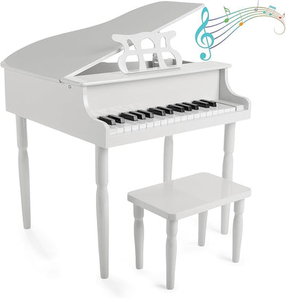Kids Piano - 30 Key Mini Grand Piano with Music Stand, Bench, and Note Stickers - for Beginners - Instruments for Kids by Hey Play (White)
