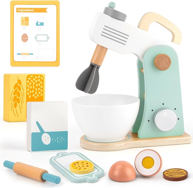 Play Kitchen Accessories, Wooden Toy Mixer, Wooden Kitchen Accessories for Kids, Pretend Play for Toddlers 3-5