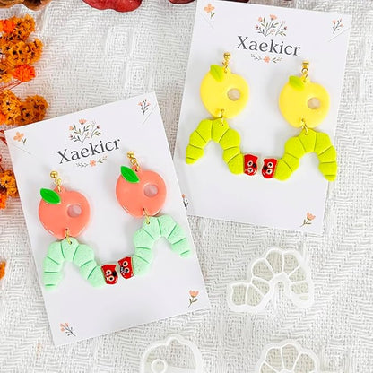 Xaekicr Whimsical Worm and Apple Polymer Clay Cutters – 3PCS Clay Earring Cutters Set for DIY Fruit Insect Jewelry Making – Clay Tools and Polymer Clay Molds
