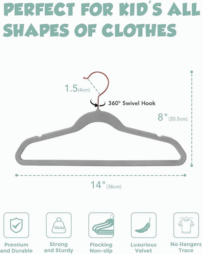Smartor Kids Velvet Hangers 50 Pack, 14'' Inch Premium Non Slip Kids Felt Hangers for Closet, Space Saving Toddler Clothes Hanger for Youth's Childrens' Clothes (Rose Gold Hook)- Grey