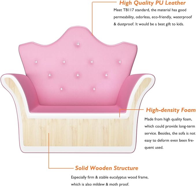 Costzon Kids Sofa, Children Upholstered Sofa with Ottoman, Princess Sofa with Diamond Decoration, Smooth PVC Leather Toddler Chair, Kids Couch for Boys and Girls, Gift for Toddlers (Pink)