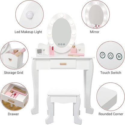 Kids' Vanity Set with Mirror and Light, Makeup Table and Stool for Girls, Vanity Table and Chair Set with Wood Makeup Playset for 4-9 Girls, White （Batteries Not Included）