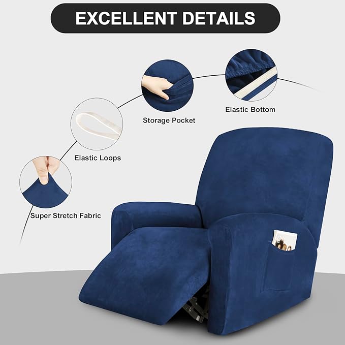 FestiCorp Recliner Chair Covers Real Velvet 4-Pieces Recliner Covers for Small Lazy Boy Recliner Chair Stretch Recliner Sofa Slipcovers Furniture Protector with Side Pocket & Elastic Bottom, Navy