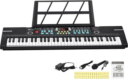 Kids Keyboard 61 Keys, Beginner Electronic Piano with One-Key Teaching 100 Tones & Rhythms, Portable Music Keyboard for Children with Microphone, Music Stand [Black, Piano Only]