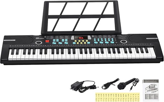 Kids Keyboard 61 Keys, Beginner Electronic Piano with One-Key Teaching 100 Tones & Rhythms, Portable Music Keyboard for Children with Microphone, Music Stand [Black, Piano Only]