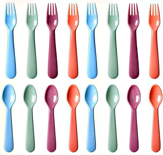 16Pcs Kids Plastic Utensils Kids Forks and Spoons Set, Multicolor Toddler Utensils, Reusable Kids Silverware Cutlery Set, Ideal for School Lunch Box, Camping, Travel, Party Favors BPA Free