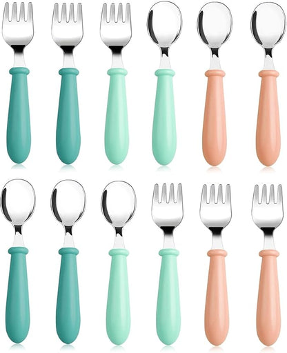 12 Pieces Toddler Utensils Toddler Forks and Spoons, Kids Silverware Stainless Steel Childrens Safe Cutlery Set for Self Feeding, Dishwasher Safe