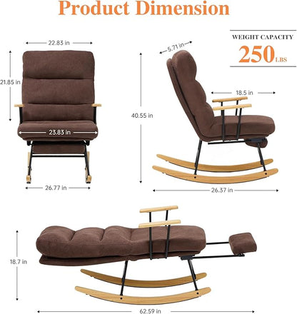 Rocking Chair with Footrest-Glider Rocker Chair with Retractable Footrest and Adjustable Backrest, Teddy Upholstered Rocking Chair, Modern Accent Chair for Living Room/Nursery/Bedroom/Outdoor-Brown