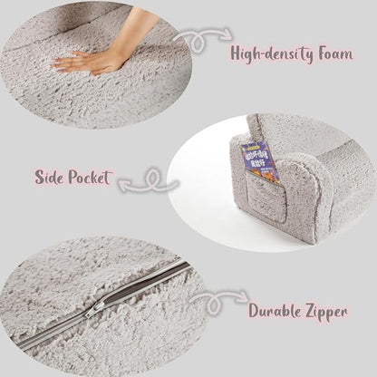 Kids Extra Wide Chairs for Toddler, 2-in-1 Toddler Soft Sherpa Couch Fold Out, Convertible Sofa to Lounger for Girls and Boys, Grey