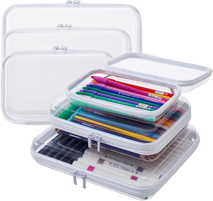 MACOPRO 6PCS Clear Zipper Pouches, Christmas Item Storage Bins, Zippered Hard Pouch Double, Portable Makeup and Cosmetic Bag, Kid's Toy Storage Organizer Bins, Hard Plastic Case, Clear Zipper Bags