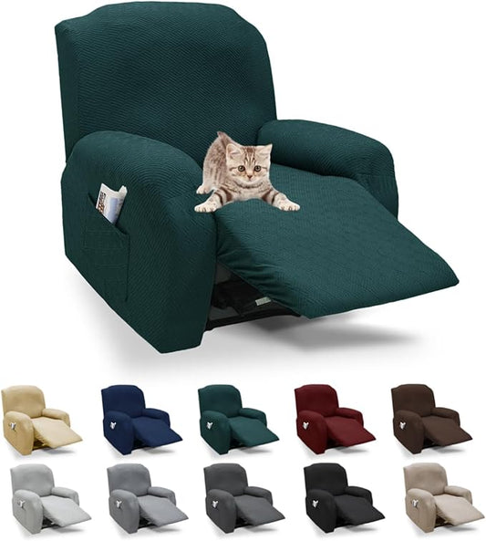 XINEAGE 4 Pieces Recliner Cover Stretch Jacquard Recliner Chair Covers Soft Recliner Slipcovers with Pocket for Kids and Pets, Washable Couch Cover (Recliner, Blackish Green)