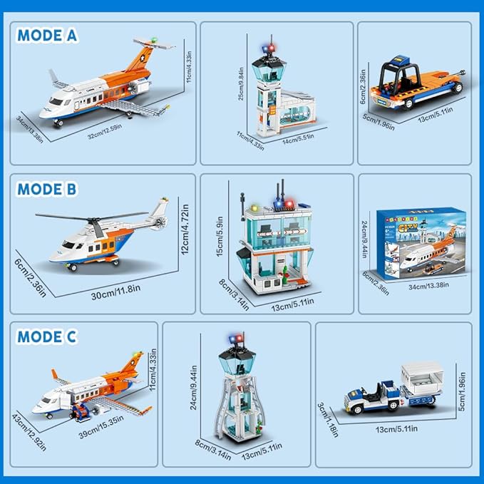 HOGOKIDS City Passenger Airplane Building Set - 711 PCS STEM 3 in 1 Airport Passenger Plane Building Block Toy with Baggage Truck Radar Tower Shuttle Bus for Boys Girls Kids Adults 6 7 8 9+ Years Old
