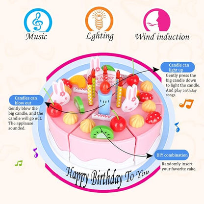DIY Cutting Birthday Cake Toys, Play Kitchen Food Kids Pretend Play,Light and Music Birthday Cake Toy Kids Girls Gift with Blowable Candle (83PCS with Light,Pink)