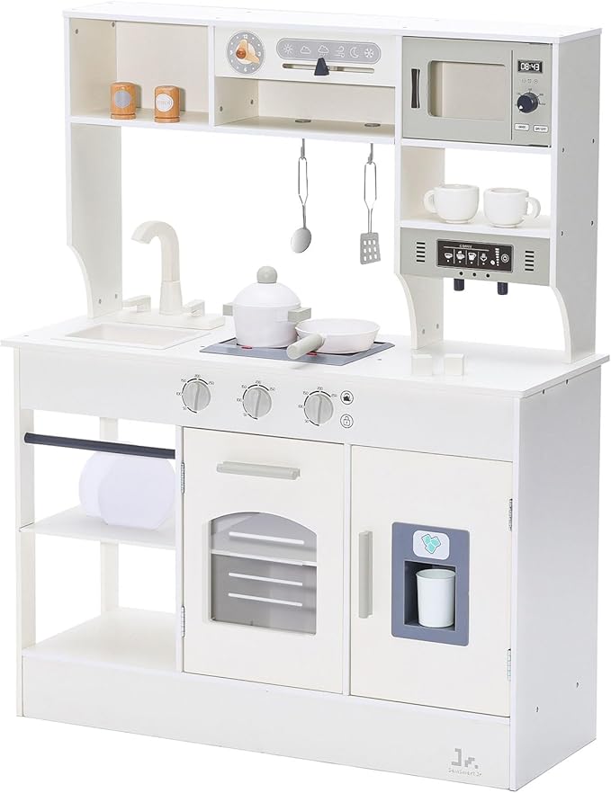 SainSmart Jr. Kitchen for Kids, Wooden Play Kitchen with Toy Storage System, Toy Kitchen Set with Plenty of Play Features, Kids Play Kitchen Designed, Gift for Ages (Cream White)