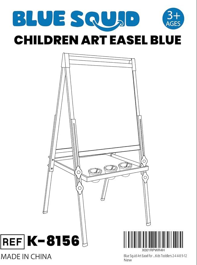Blue Squid Art Easel for Kids - Dual-Sided Adjustable Wooden Painting Easels, Ideal Christmas Gift for Toddlers and Kid - with Magnetic Chalk Board, White Board & Paper Roll, Includes Accessories