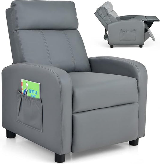 Costzon Kids Recliner, Adjustable PU Leather Lounge Chair w/Side Pockets, Footrest, Headrest for Kids Room & Play Room, Easy to Clean, Padded Recliner Sofa for Children Boys Girls Aged 3-12 (Grey)