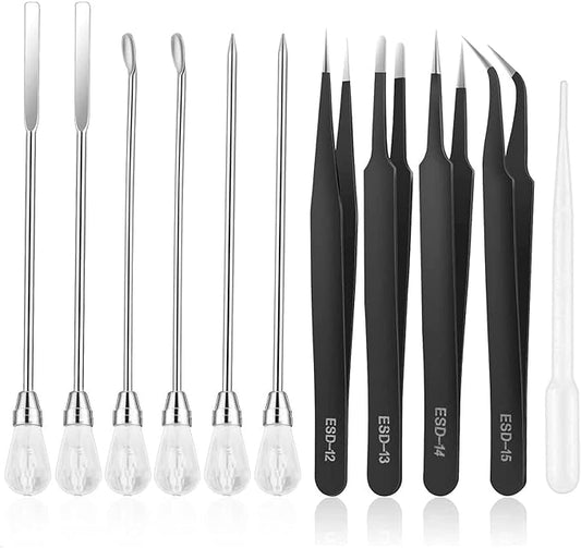 11 Pcs Resin Mold Tools Set Stirring Needle Spoon Tool Tweezers Precision Kit,Anti-Static Electronics Tweezers Set for Resin Art Crafts,Jewelry Making,DIY Silicone Epoxy Casting Resin Molds(White)