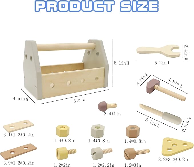 Montessori Wooden Tools Kit Toddler Educational Construction Kids Toys Sets Play Box Preschool Play Tool Wooden Construction Toy （Yellow）