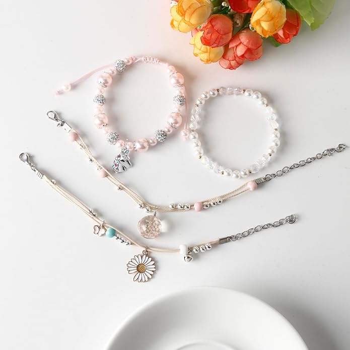DS 4PCS Beaded Charm Bracelets for Teen Girls Dainty cute cartoon Crystal Beads Pearl Bracelets anklets set for woman and girls Adjustable Stretch bracelet birthday Gift For Friends