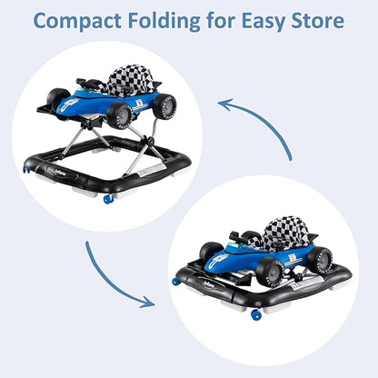 INFANS 4 in 1 Baby Walker, Foldable Toddler Activity Center with Adjustable Height, Padded Seat, Music, Light, Removable Tray, Push Walker for Girls Boys Aged 6-18 Months (Blue)