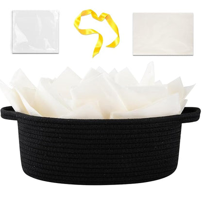 OIAHOMY Gift Basket with Handle, Small Woven Basket with Gift Bag, Ribbon and Wrap Tissue Paper, Nursery Bins Empty to Fill with Small Items, Baby, Pet Toy Organizer - Black