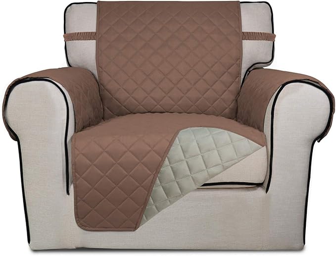 PureFit Reversible Quilted Sofa Cover, Water Resistant Slipcover Furniture Protector, Washable Couch Cover with Non Slip and Elastic Straps for Kids, Dogs, Pets (Chair, Brown/Beige)