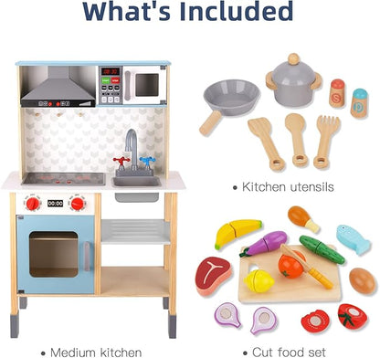 TOOKYLAND Kids Kitchen Playset, Play Kitchen Set for Kids with Real Light & Sounds, Including 11 Piece Simulated Food Accessories, Kids Play Kitchen for Toddlers