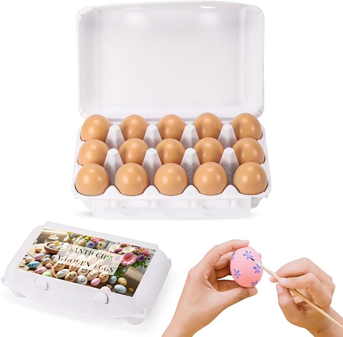 Fake Chicken Eggs, 15-Count Brown Wooden Artificial Eggs in Carton for Painting and Crafts, Food Toys for Play and Room Decor, Fake Eggs for Nesting Boxes and Poultry Incubators.