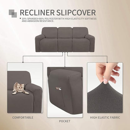 Easy-Going 8 Pieces Microfiber Stretch Sectional Recliner Sofa Slipcover Soft Fitted Fleece 3 Seats Couch Cover Washable Furniture Protector with Elasticity for Kids Pet(Recliner Sofa, Taupe)