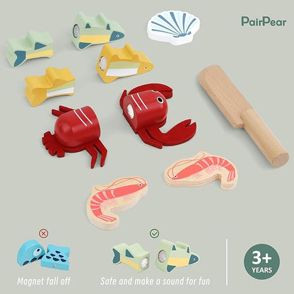 PairPear Wooden Play Food Cutting Seafood Set - Toddlers Wooden Toy Food Pretend Play Kitchen Accessories for 3 Years Old Boys Girls Early Education Toys Gift