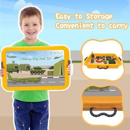 Army Play Sand Art Kit, Military Sensory Bin Filler, Sensory Bins for Toddler 3-4, with Army Men Action Figures Toys, 2.2lbs Magic Sand, Sandbox Toys for Toddlers 1-3, Sensory Sand Kit for Kids Boys