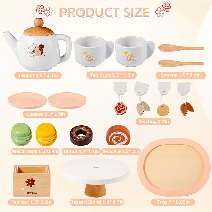 OMYBaby Wooden Tea Set for Little Girls, 19pcs Tea Party Playset with Teapot, Tea Cups, Dessert Stand, Macaroons, Cakes & Tray, Tea Time Playset Pretend Play Kitchen Toys Gift for Girls & Toddlers 3Y+