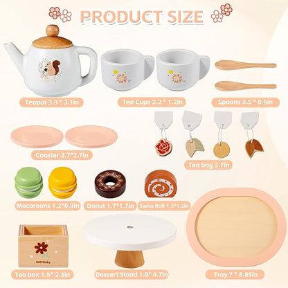 OMYBaby Wooden Tea Set for Little Girls, 19pcs Tea Party Playset with Teapot, Tea Cups, Dessert Stand, Macaroons, Cakes & Tray, Tea Time Playset Pretend Play Kitchen Toys Gift for Girls & Toddlers 3Y+