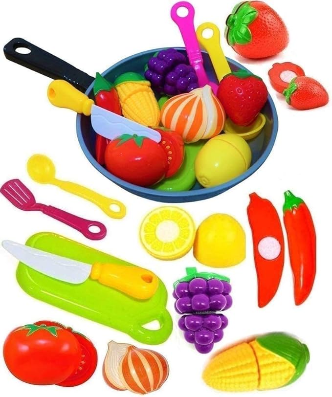 Play Cooking Pan with Cutting Fruits & Vegetables and Play Kitchen Utensils - Slice up Food with Knife & Cutting Board – Cooking Toyset for Toddlers Boys and Girls - Fake Food Pretend Pot Toy Kitchen