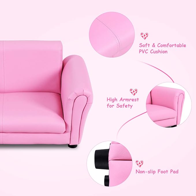 Costzon Kids Couch with Footstool, 2 in 1 Double Seat Children's Sofa w/PU Leather Surface, Armrest Chair Lounge, Soft Kids Sofa for Preschool Bedroom Kids Room Toddlers Boys Girls Birthday (Pink)